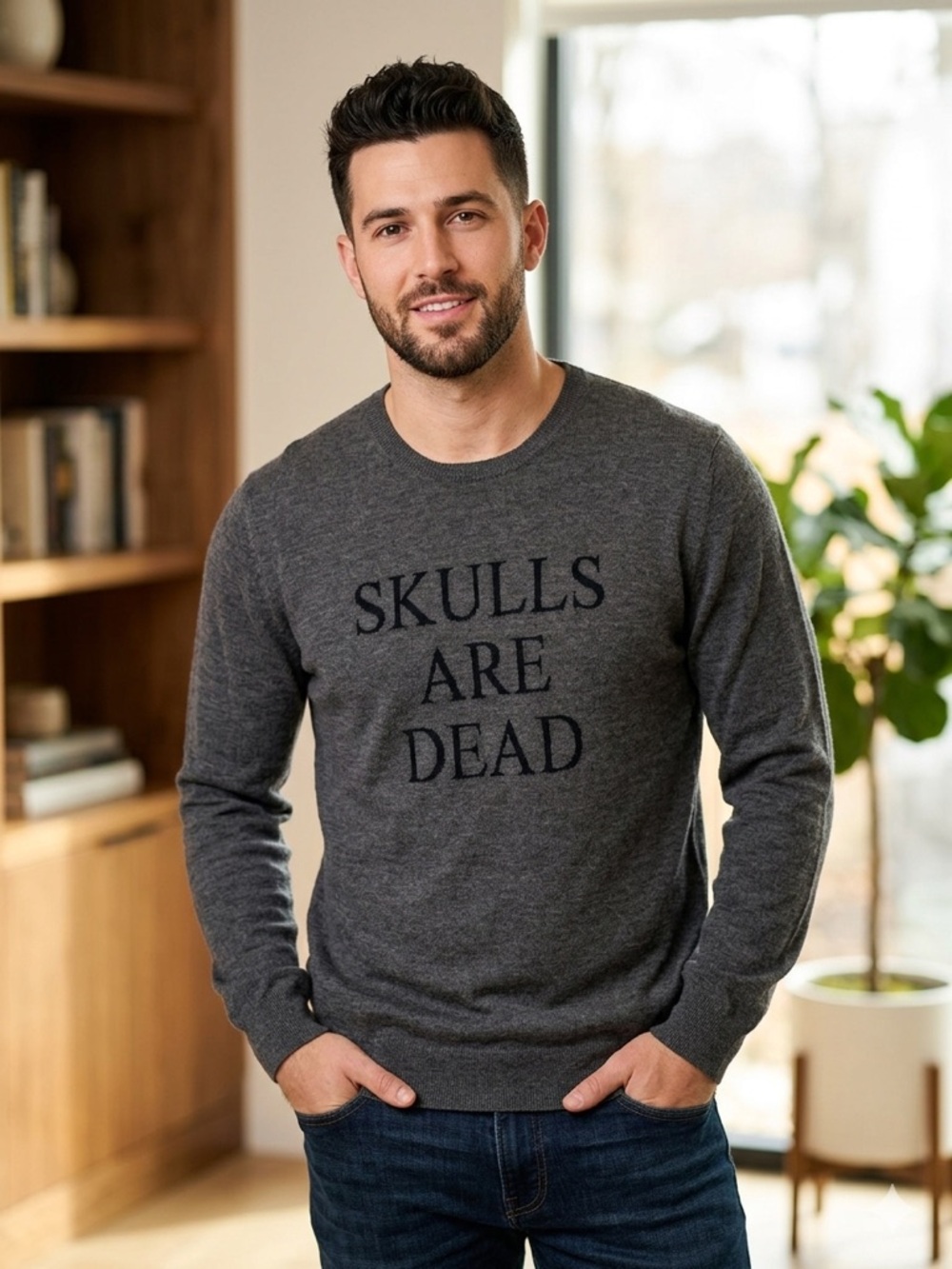 ALL SAINTS Cashmere Gray Crewneck Sweater with 'Skulls Are Dead' Print